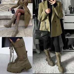 Zara women Military Waxed Finish Laced Boots Green Olive 37/6.5 BLOGGERS FAV